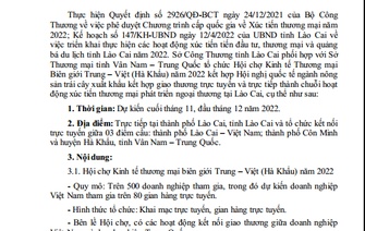 Mời tham dự chuỗi các hoạt động xúc tiến thương mại phát triển ngoại thương tại Lào Cai năm 2022