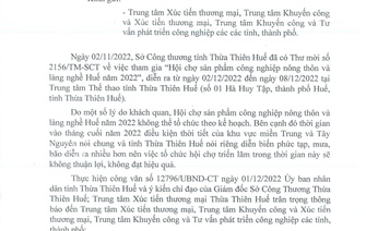 Về việc dừng Tổ chức Hội chợ sản phẩm công nghiệp nông thôn và làng nghề Huế năm 2022