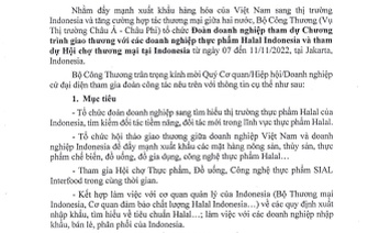 Mời doanh nghiệp tham dự Chương trình giao thương với các doanh nghiệp thực phẩm Halal Indonesia và tham dự Hội chợ thương mại tại Indonesia