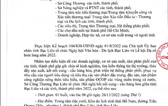 Mời tham gia Hội nghị Kết nối cung cầu hàng hóa giữa tỉnh Bạc Liêu và các tỉnh, Tp năm 2022